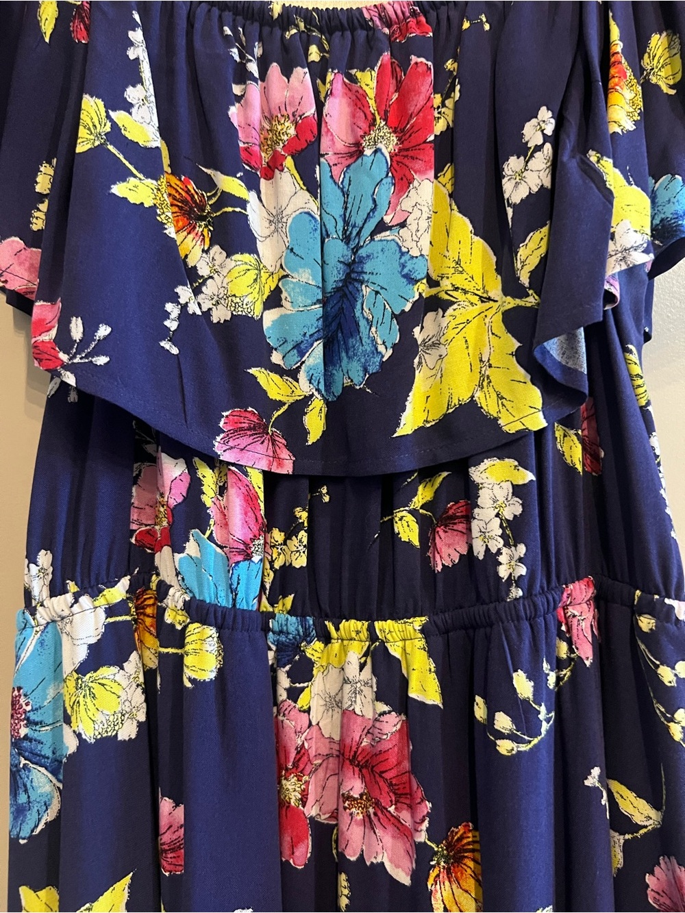 BP. Navy Floral Midi Dress with Ruffle Overlay Size Large - Picture 6 of 8